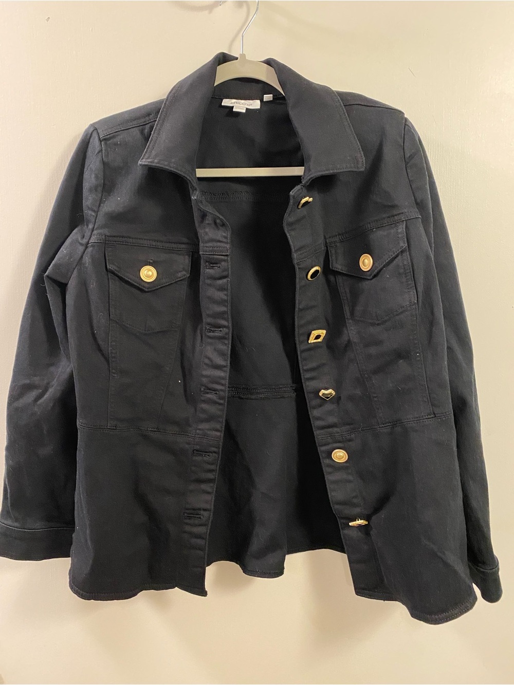 Chicos Black Peplum Denim Jacket NWT Sz 1
